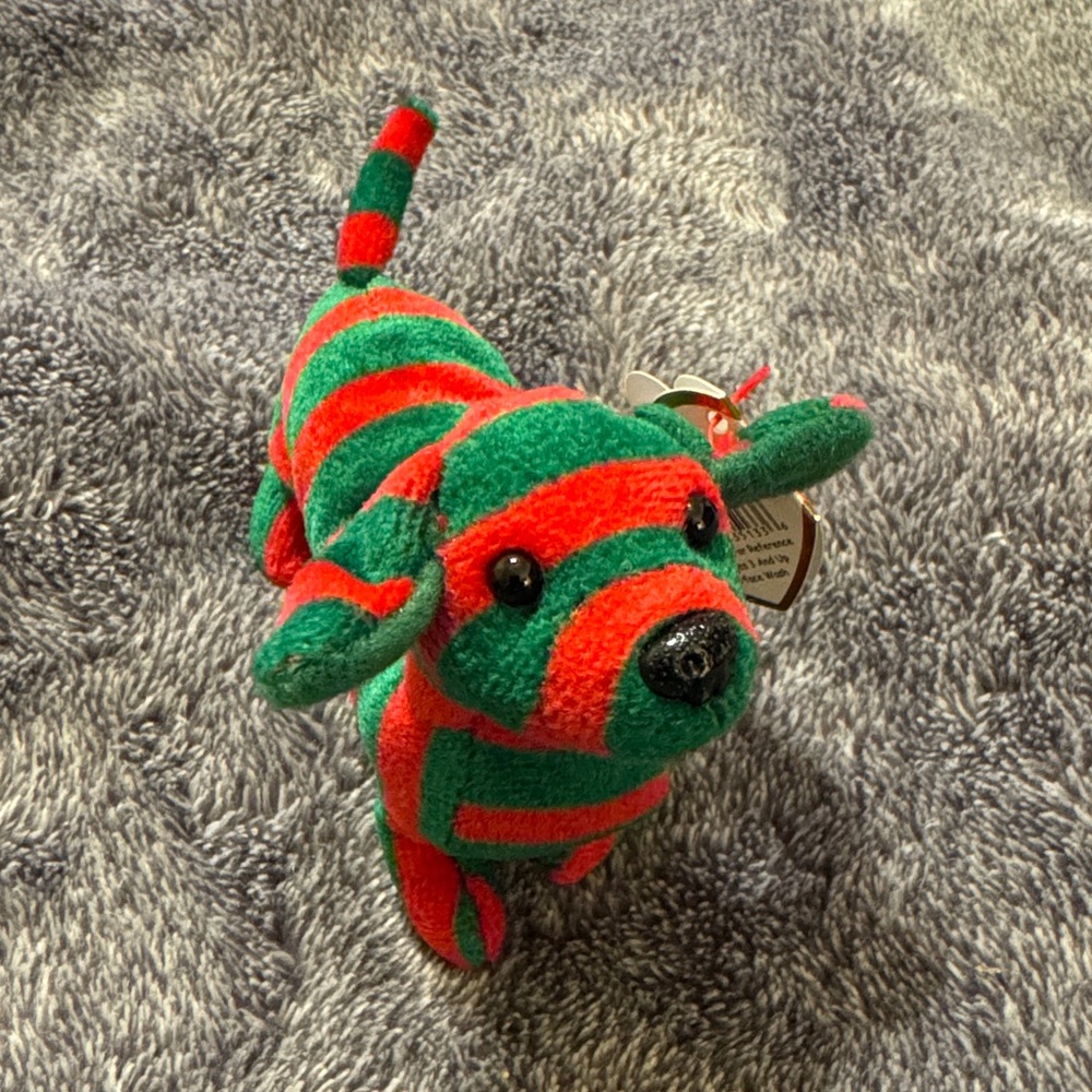 Ty Baby Beanie“Stripes” the wiener dog plush ornament NEW